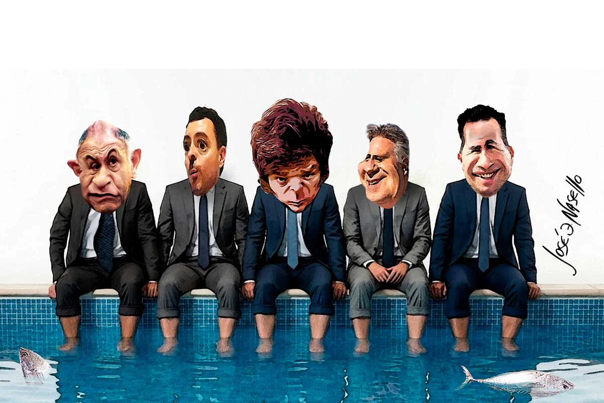 ilustra-milei-bornorono-juez-llaryora-y-de-loredo-con-los-pies-en-la-pileta