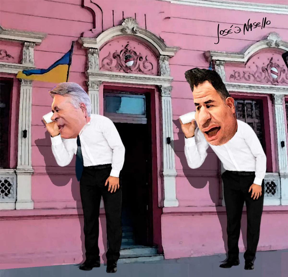 ilustra-bornoroni-y-llaryora-escuchan-con-vasos-casa-radical