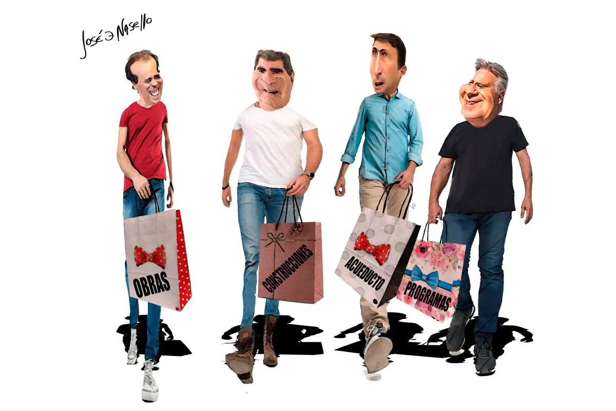 ilustra-busso-llamosas-llaryora-y-lopez-con-bolsas-de-regalo