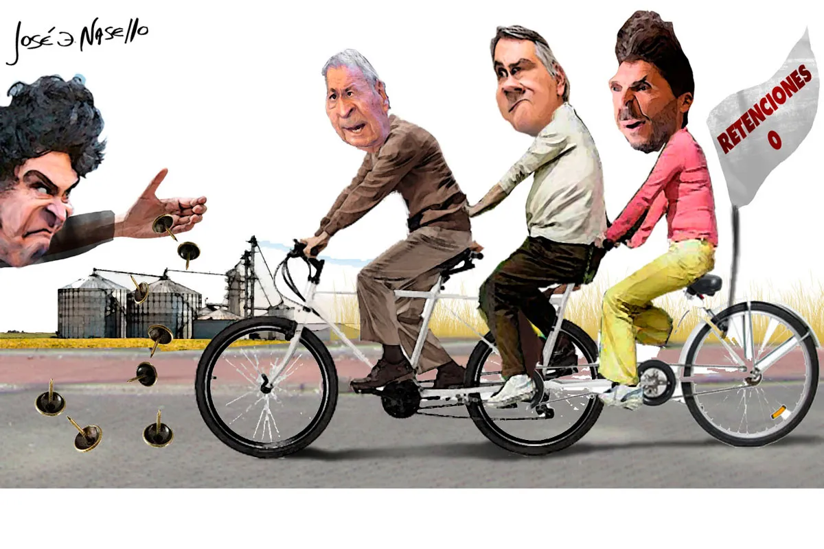 ilustra-schiaretti-llaryora-y-pullaro-en-bici-de-tres-milei-tira-clavos