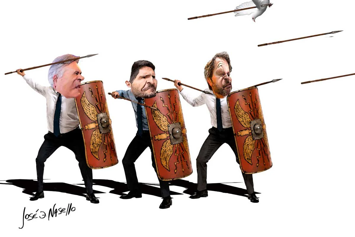 ilustra-friguerio-pullaro-y-llaryora-tirando-lanzas-con-escudos
