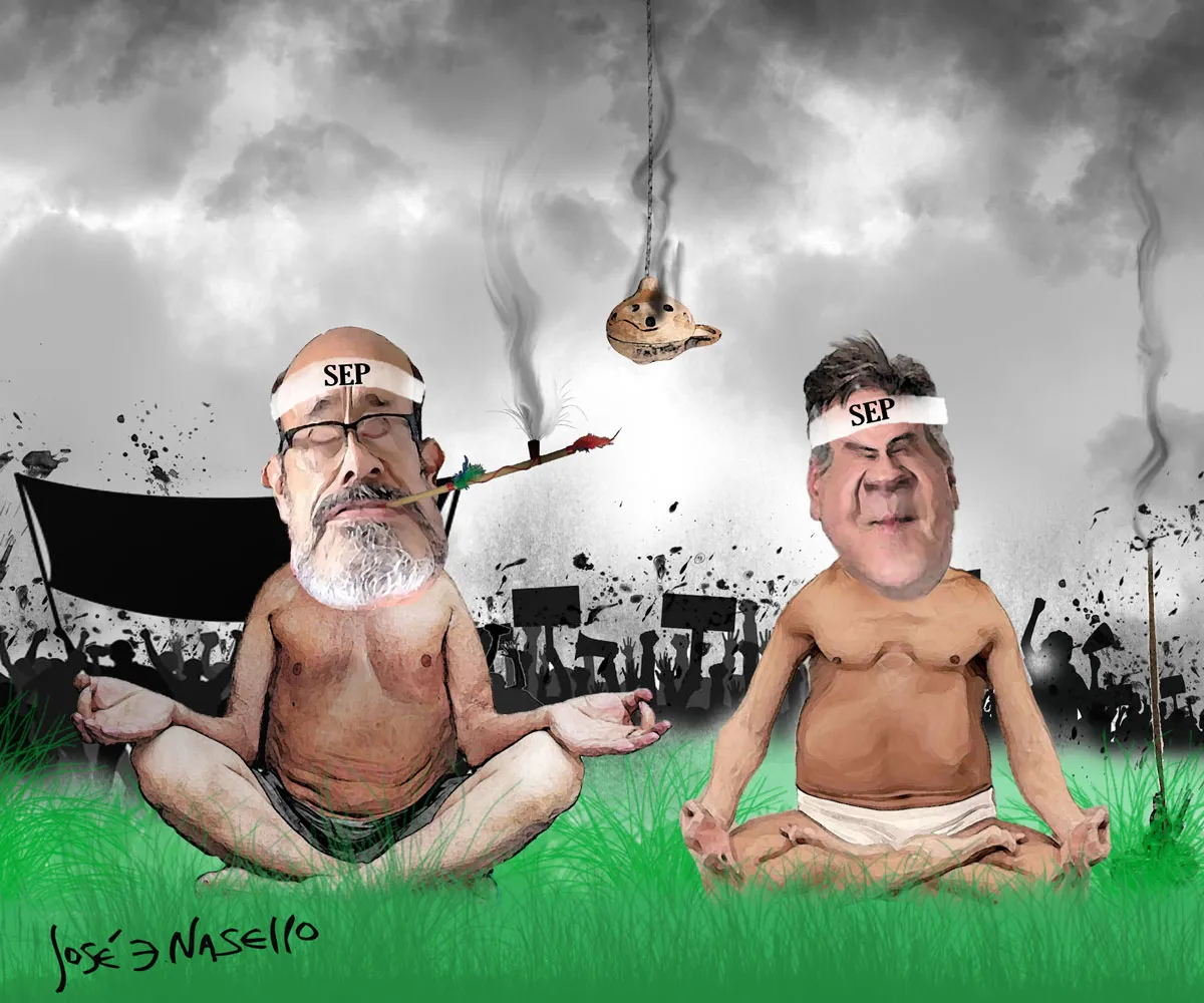 ilustra-llaryora-y-castro-meditando-con-manifestantes