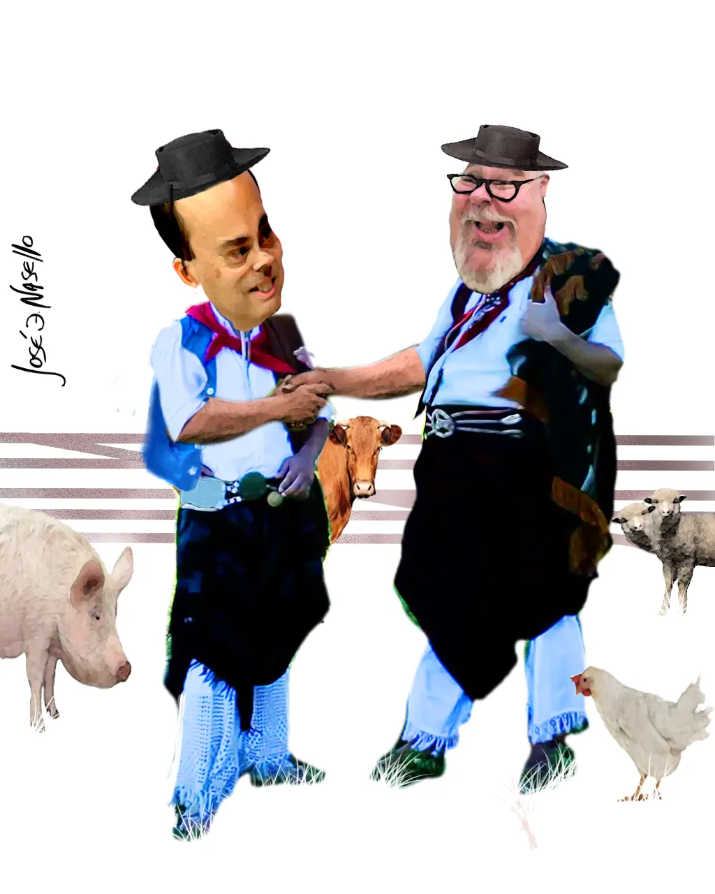 ilustra llamosas y moiso saludandose gauchos