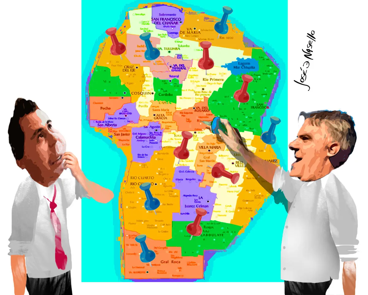 ilustra-llaryora-y-calvo-poniendo-pins-en-mapa-politico
