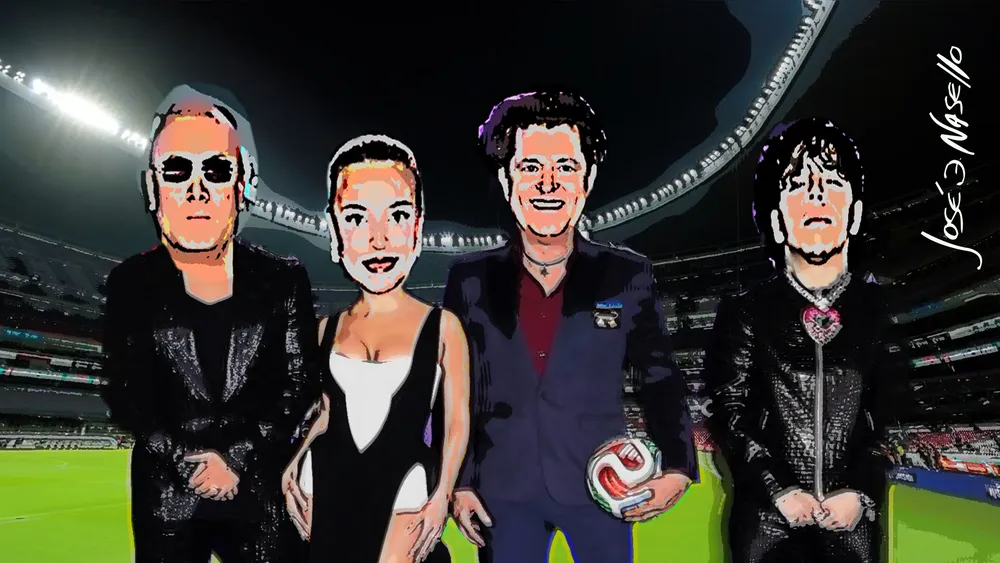 ilustra Wisin, Emilia, Carlos Vives (con la pelota) y Xavi en estadio azteca